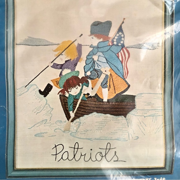 Crewel stitchery kit Coats & Clark Vintage 12x16 named Patriots kids boat  flag - Picture 3 of 8